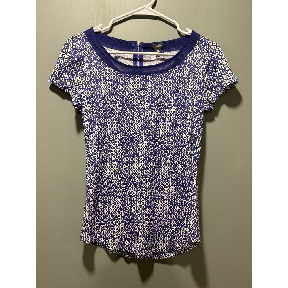 Ann Taylor Womens Blue Black Speckled Round Neck Short Sleeve Blouse Size XS